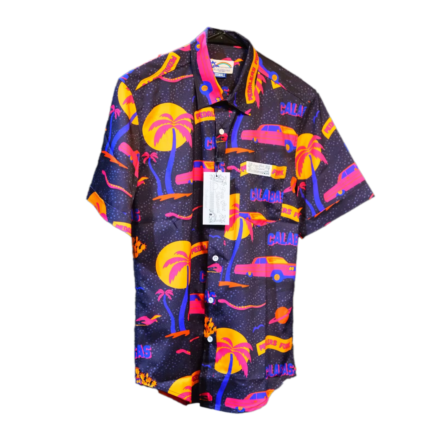 Party shirt with graphics of cars and palm trees