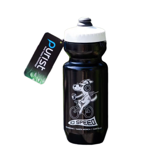 Black colored water bottle with picture of dog riding bicycle