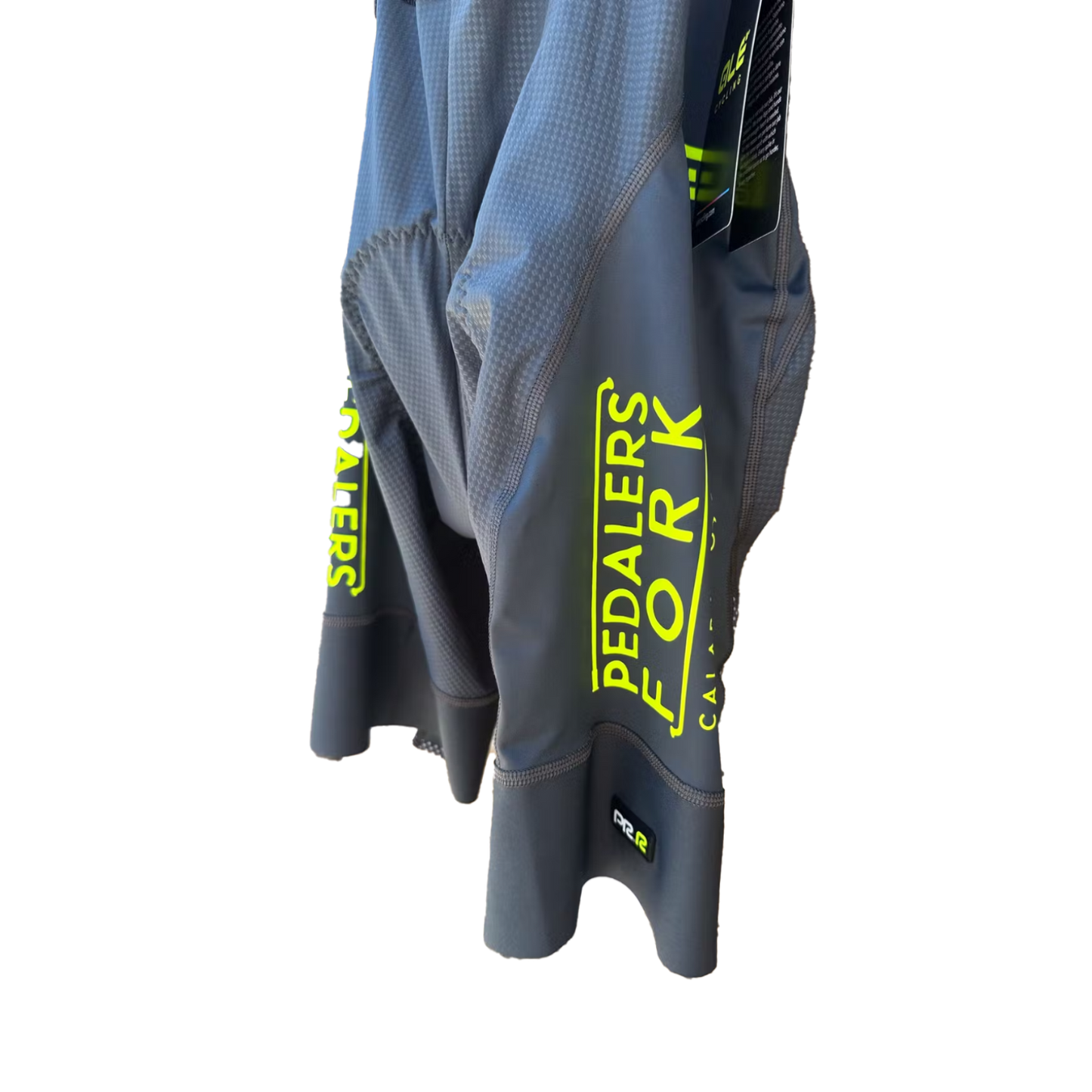 Grey biker shorts with Pedalers Fork logo on side