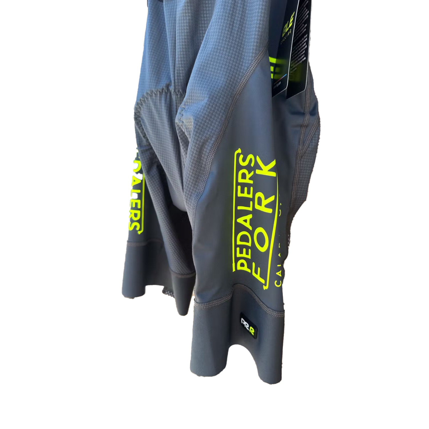 Grey biker shorts with Pedalers Fork logo on side