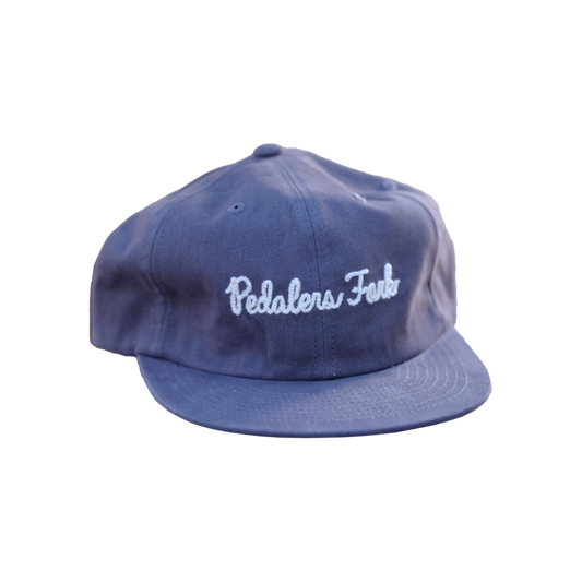 Blue Hat with Pedalers Fork logo written in cursive