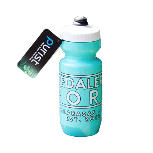 Teal colored water bottle with text "Pedalers Fork Calabasas Est. 2013"
