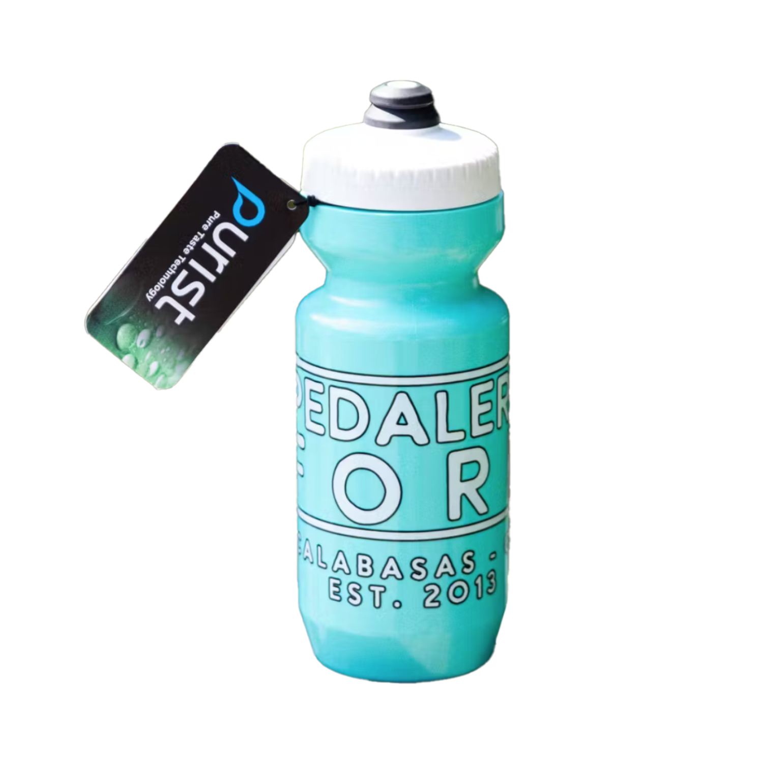 Teal colored water bottle with text "Pedalers Fork Calabasas Est. 2013"