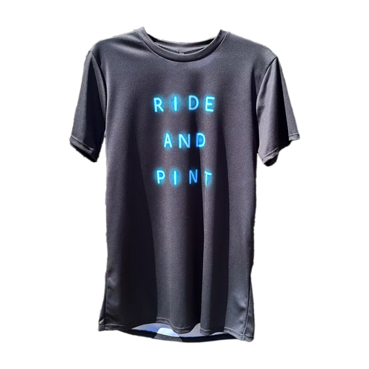 Shirt with text "Ride and Pint" on front