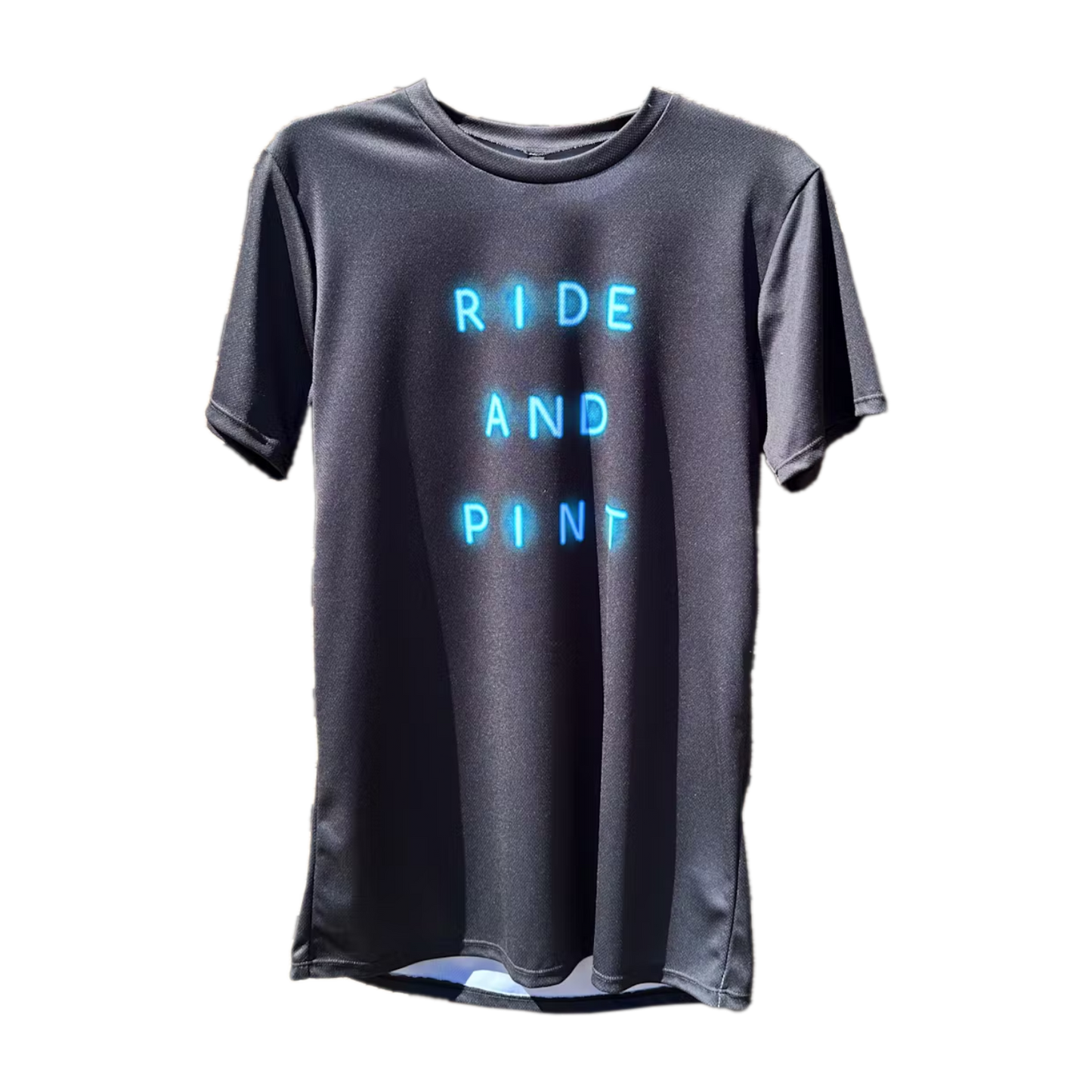 Shirt with text "Ride and Pint" on front