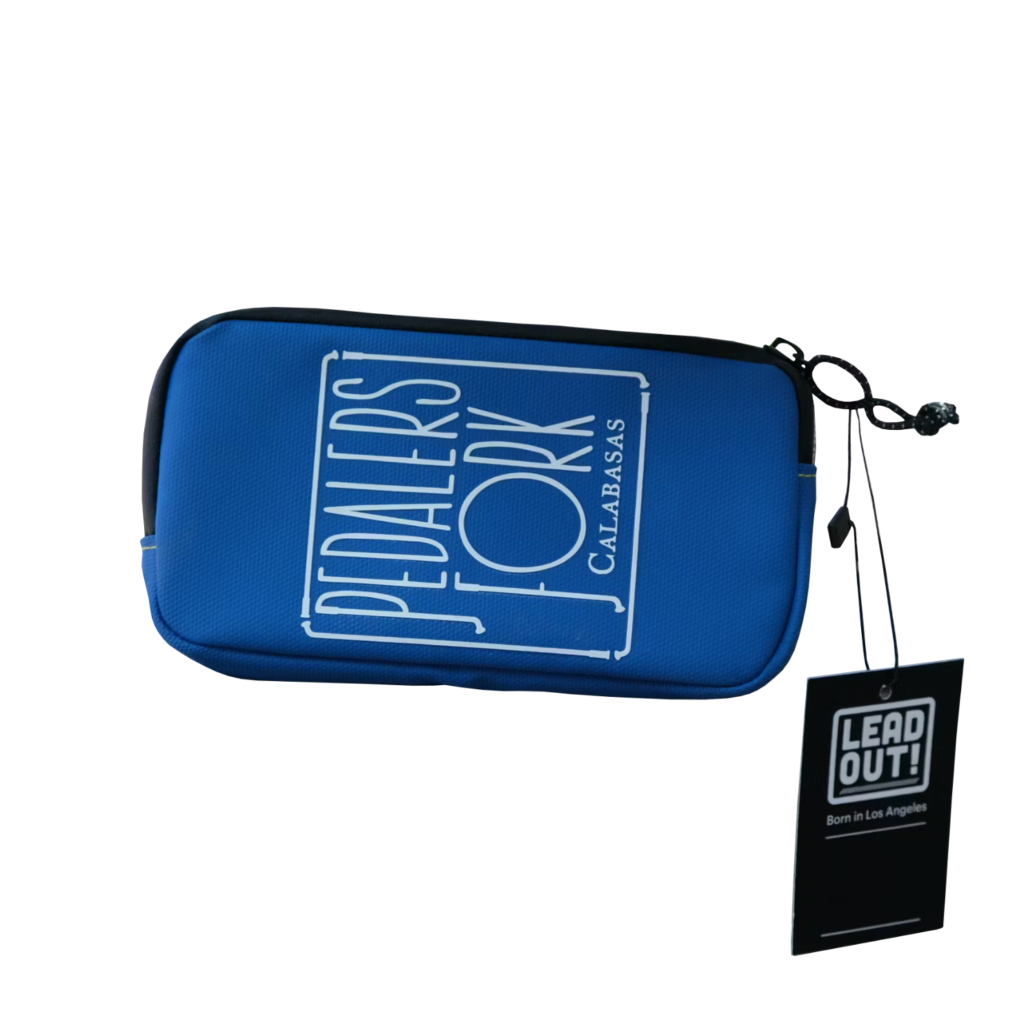 Blue wallet with Pedalers Fork logo