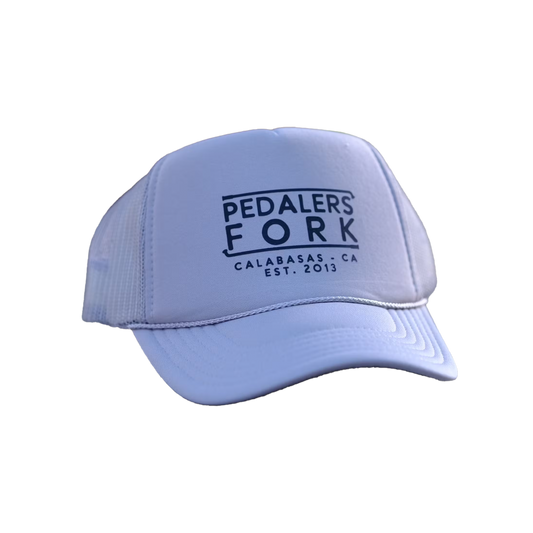 Trucker Hat with Pedalers Fork logo and text "Calabasas, CA. EST. 2013"