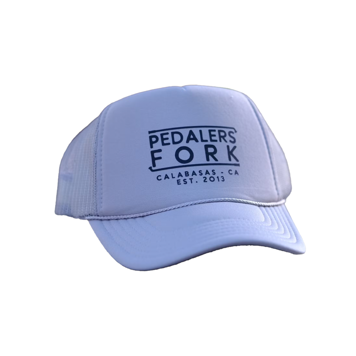 Trucker Hat with Pedalers Fork logo and text "Calabasas, CA. EST. 2013"