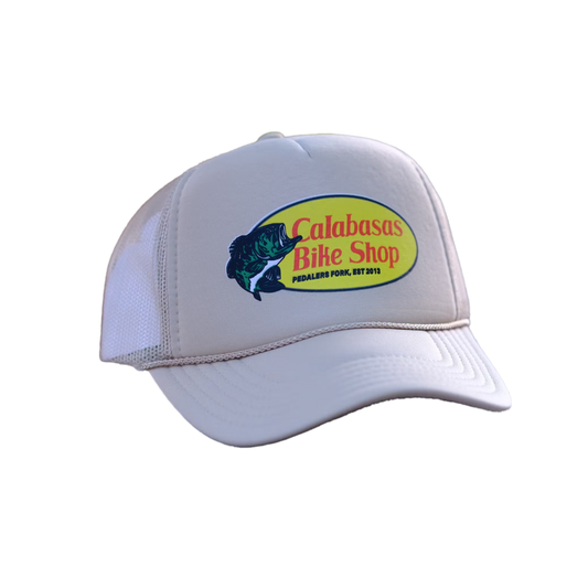 Trucker hat with Calabasas Bike Shop logo and graphic of fish
