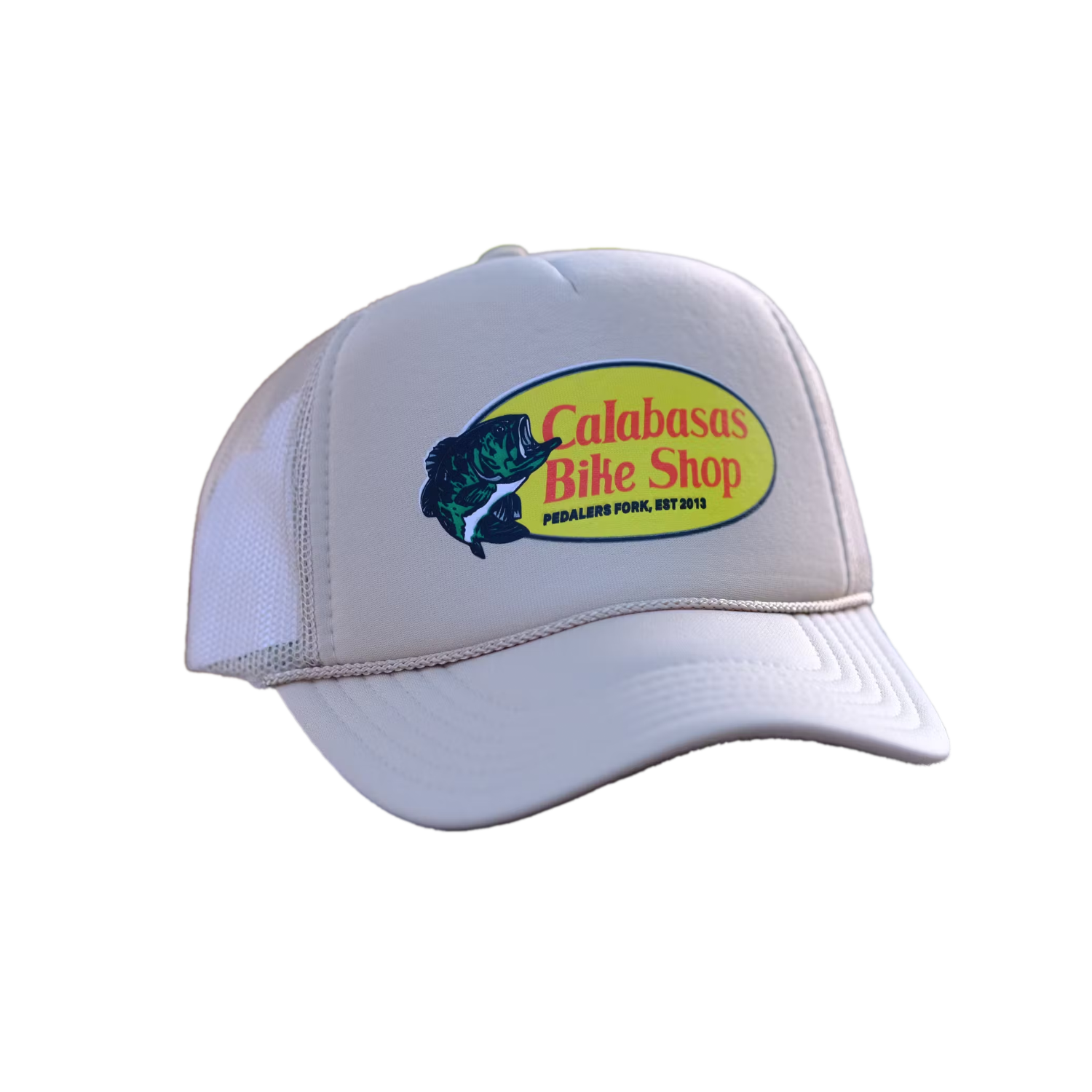 Trucker hat with Calabasas Bike Shop logo and graphic of fish