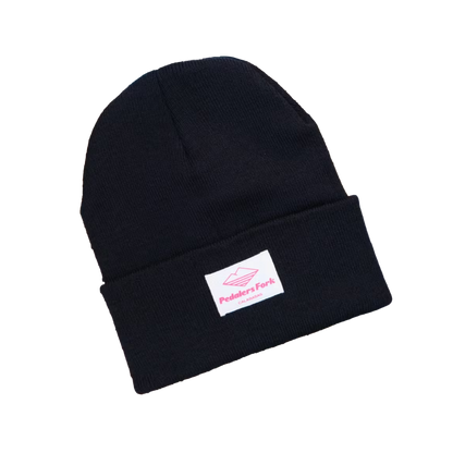 Black colored beanie with Pedalers Fork logo