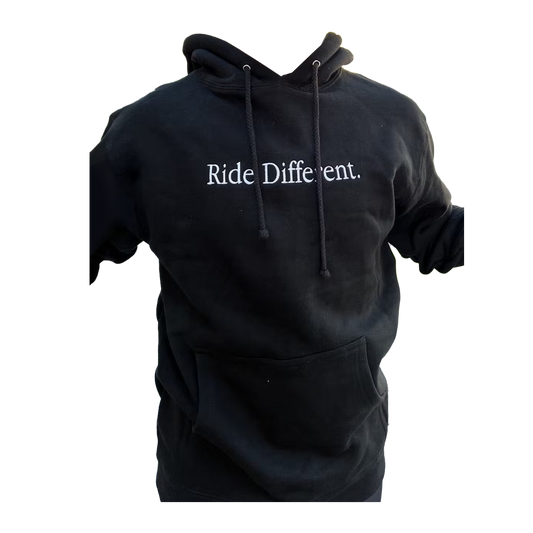 Black hooded sweater with text "Ride Different."