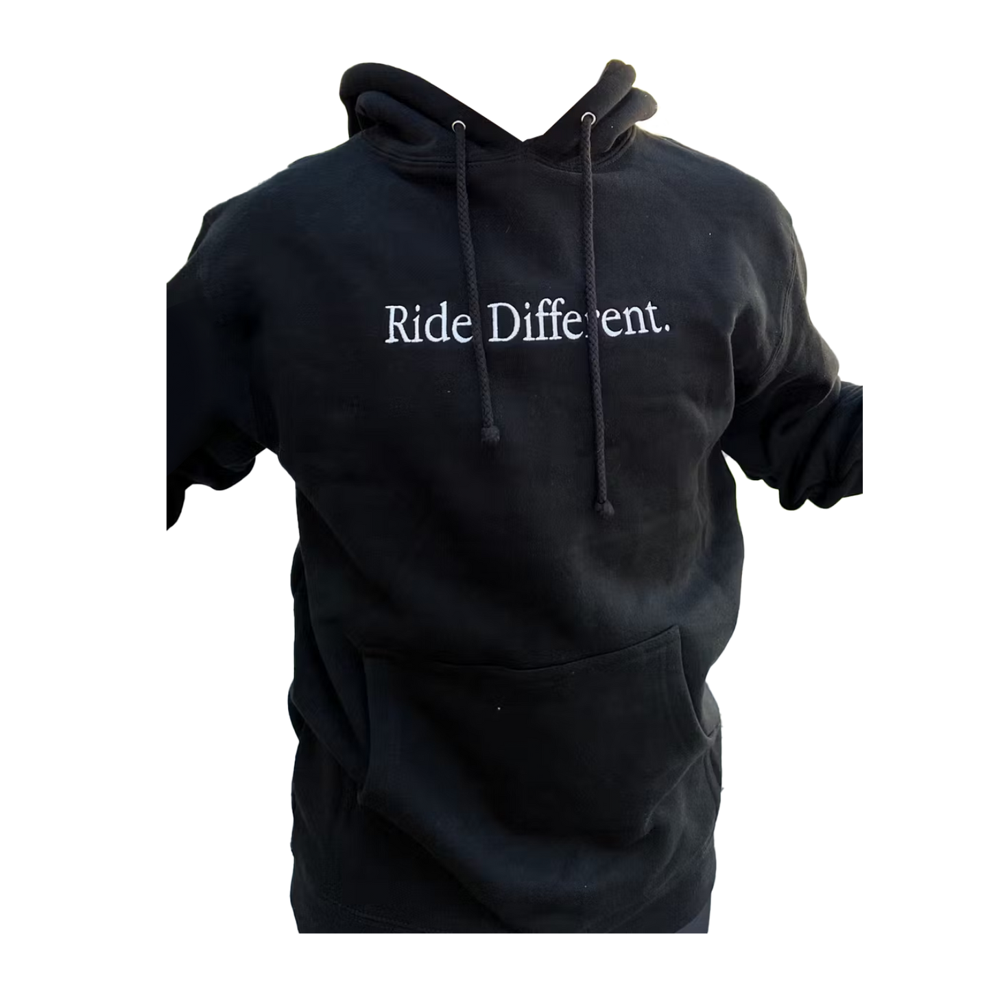 Black hooded sweater with text "Ride Different."